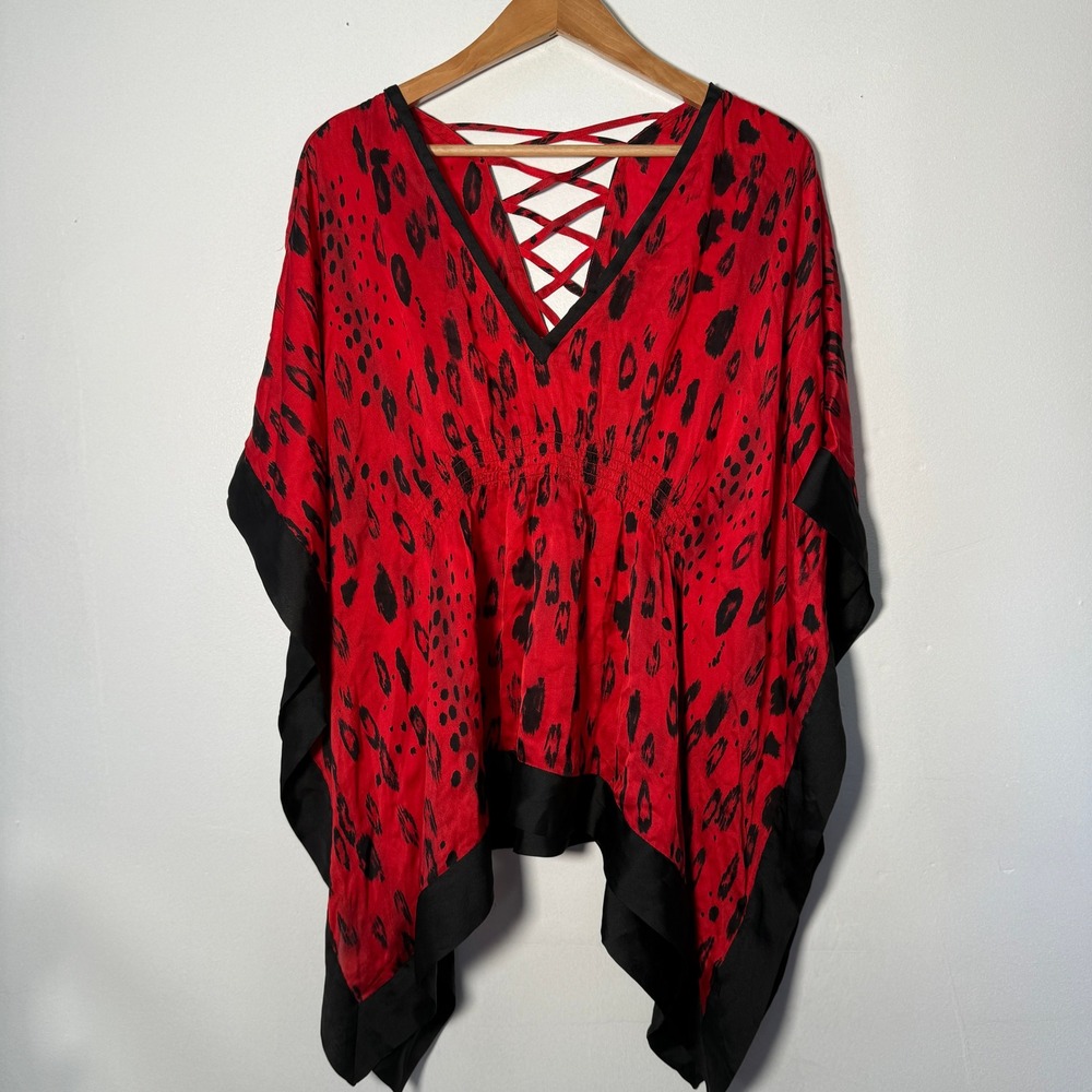 BNWT Bebe Club Tropicana Kimono Tunic Red‎ Black Leopard Print Lace Up XS